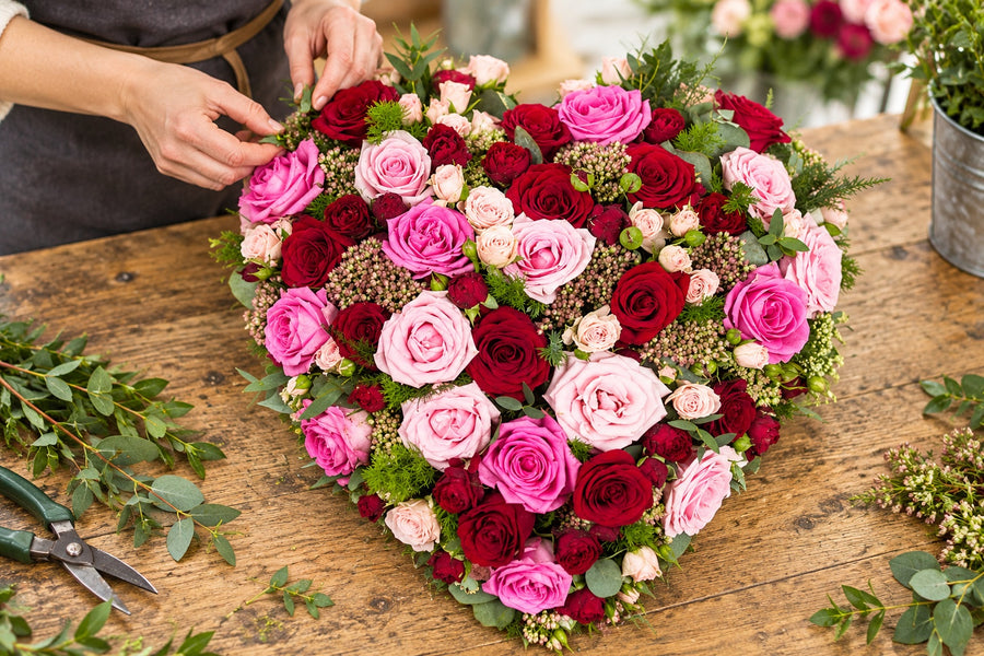 A florist creating hearts at a workbench