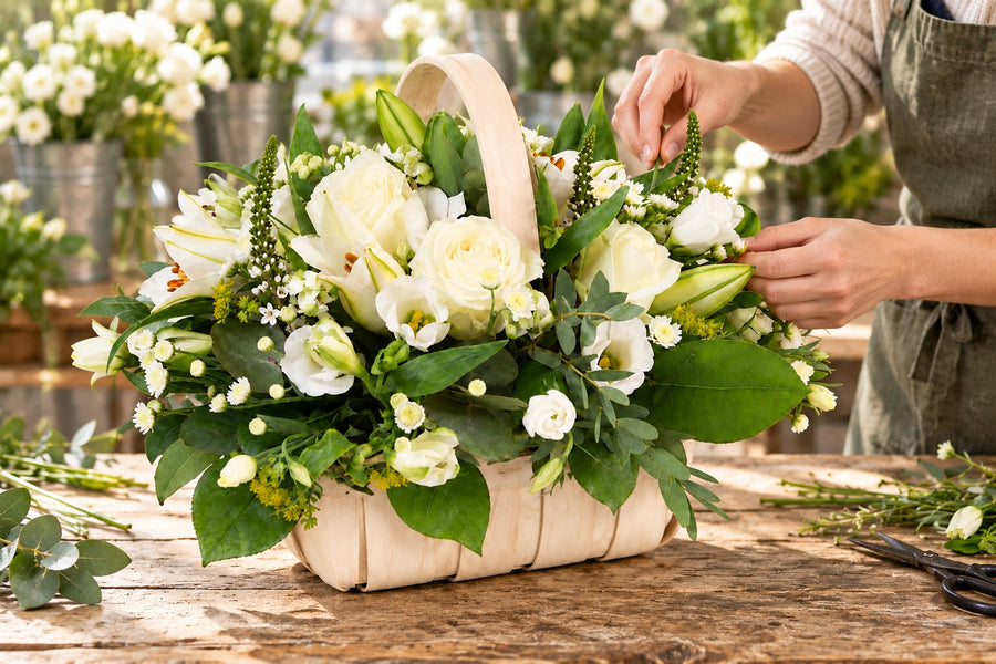 A florist creating trug baskets at a workbench