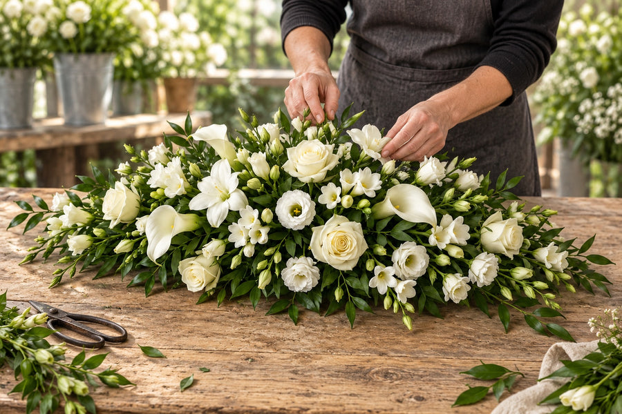 A florist creating children’s tributes at a workbench