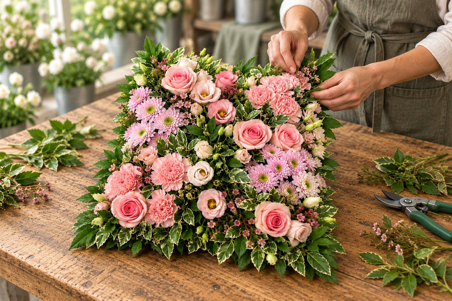 A florist creating cushions and pillows at a workbench