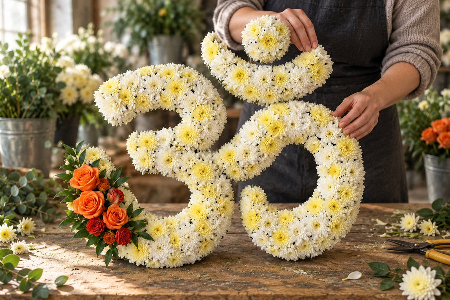 A florist creating personal tributes at a workbench