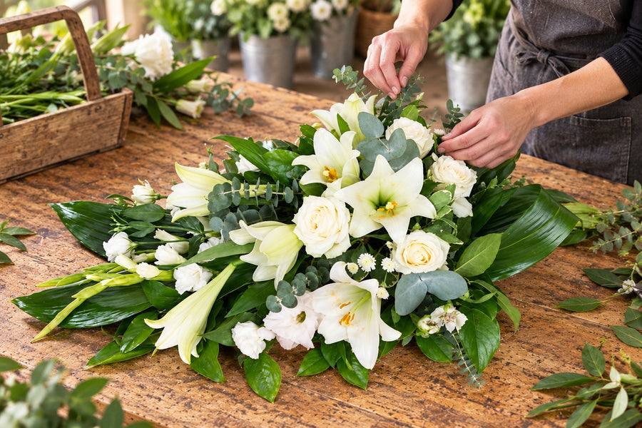 A florist creating single-ended sprays at a workbench