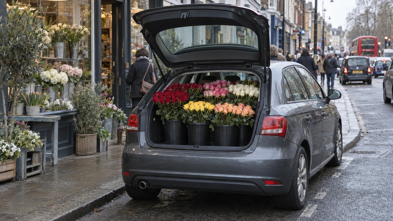 Roses in Dutch buckets fill the open boot of a small car beside a high-street florist