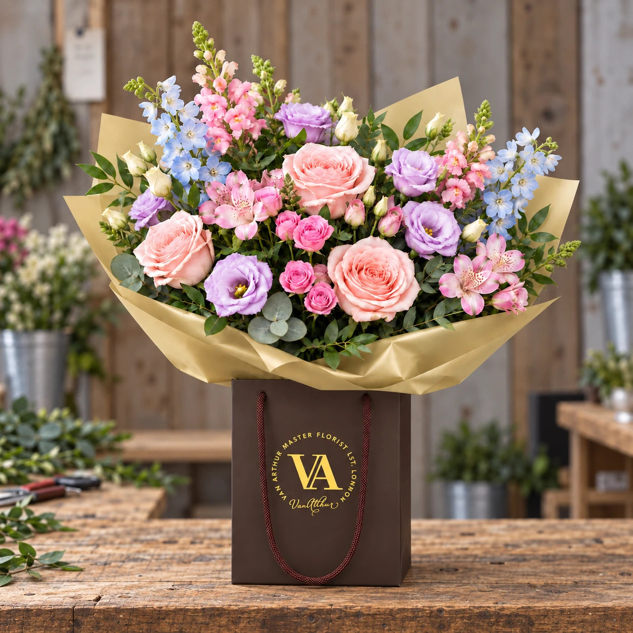 Pretty Pastels bouquet in signature frosted gold wrapping and a chocolate brown bag