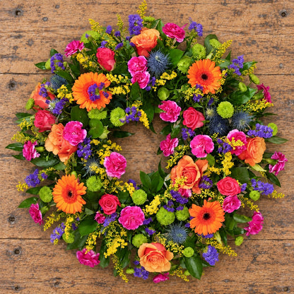 Bright Wreath — overhead workbench view