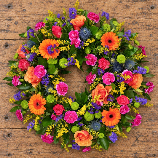Bright Wreath — overhead workbench view