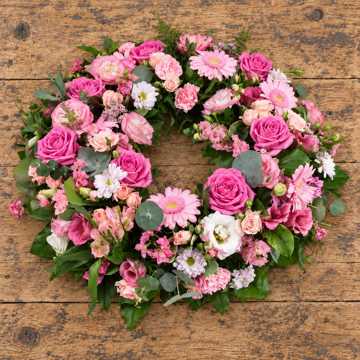 Dainty Pink Wreath — overhead workbench view