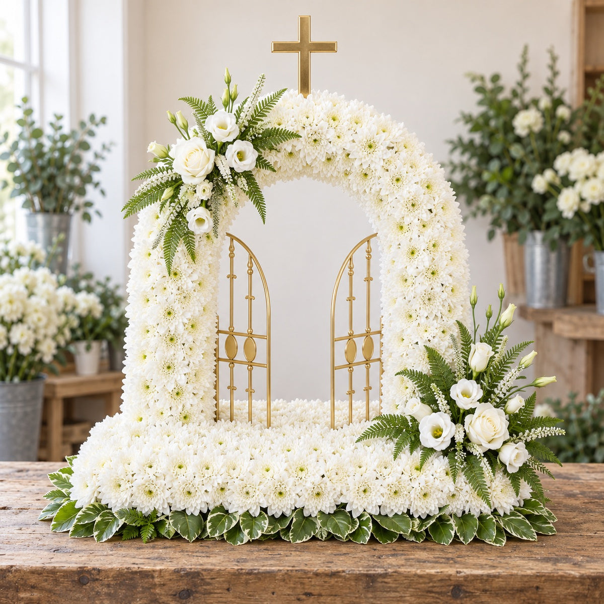 Gates of Heaven funeral tribute with a white chrysanthemum arch, gold cross and open gates on a rustic florist bench