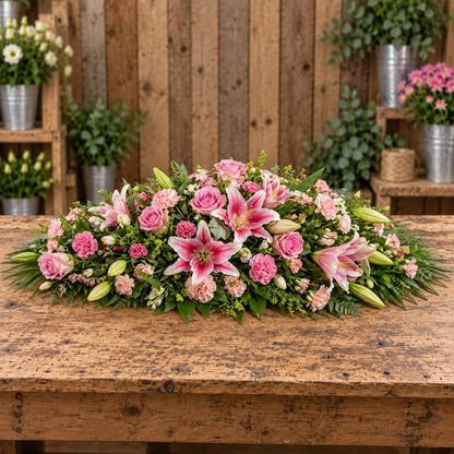 Pink Casket Spray — rustic workbench