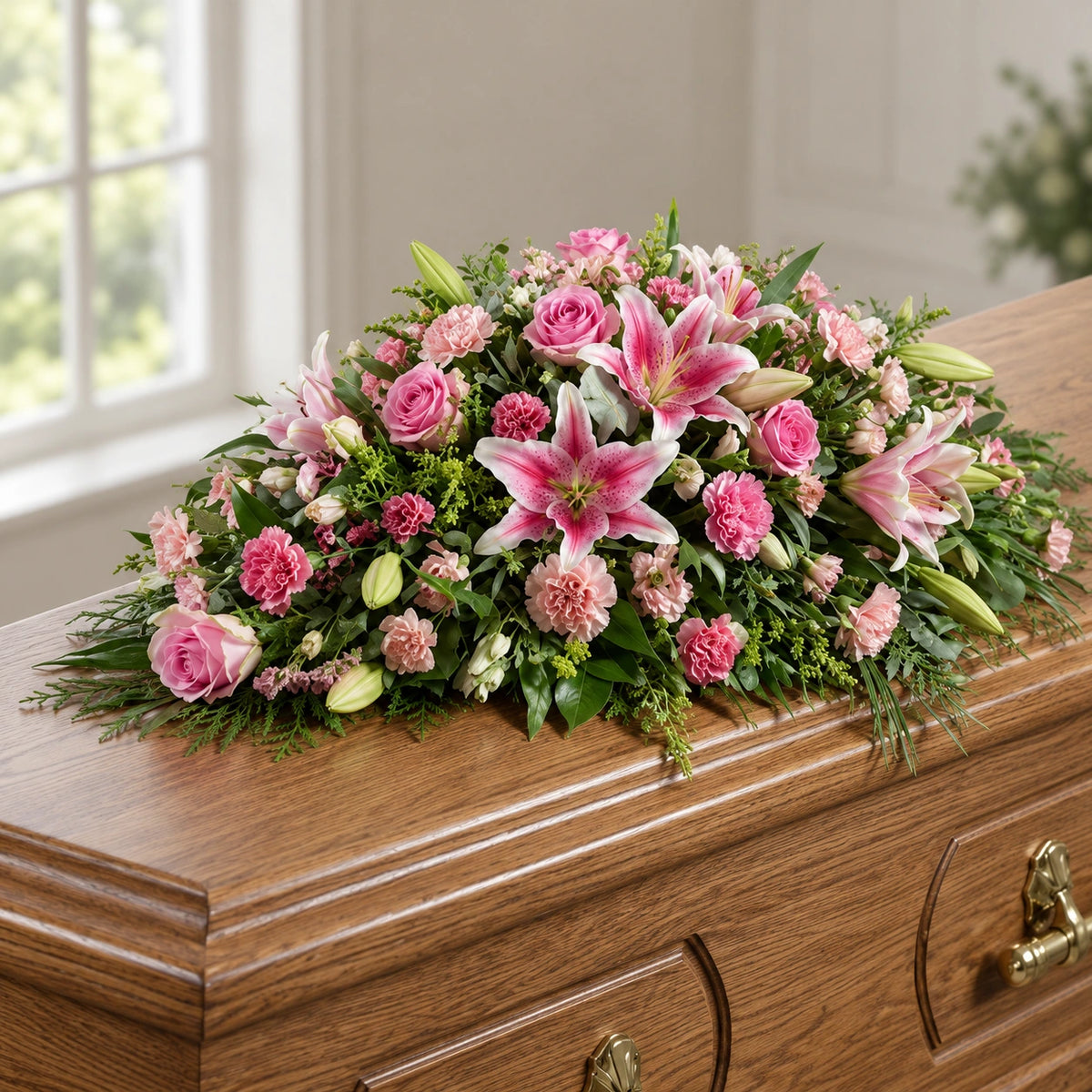 Pink Casket Spray — on a coffin