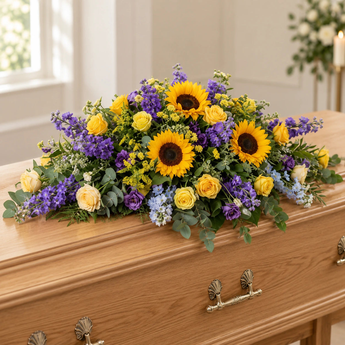 Purple & Gold Casket Spray — on a coffin
