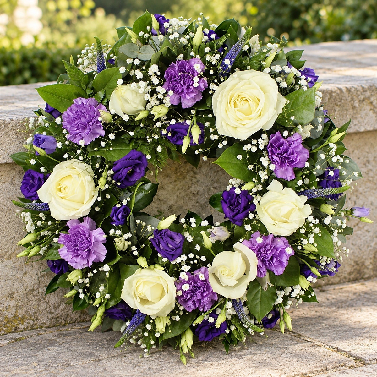 Purple & White Wreath — memorial setting