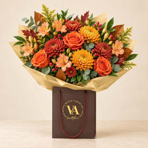 Warm autumn Artisan bouquet in Van Arthur packaging