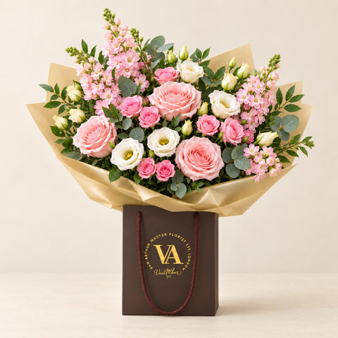 Blush pink and ivory Artisan bouquet in Van Arthur packaging