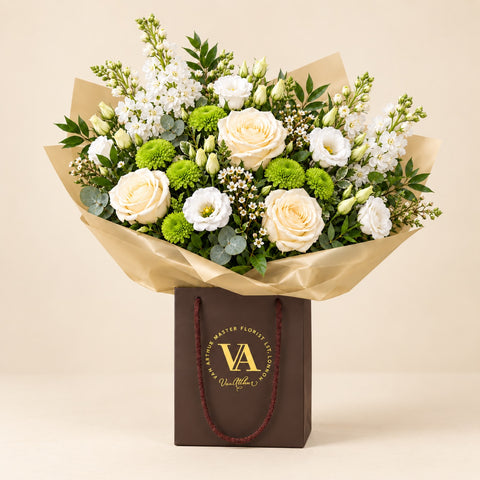 White and green Artisan bouquet in Van Arthur packaging