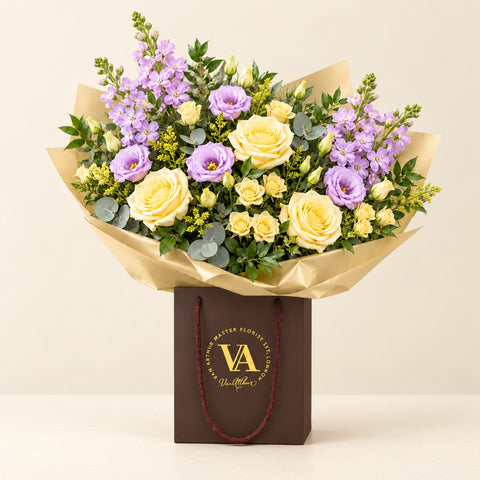 Lemon and lilac Artisan bouquet in Van Arthur packaging