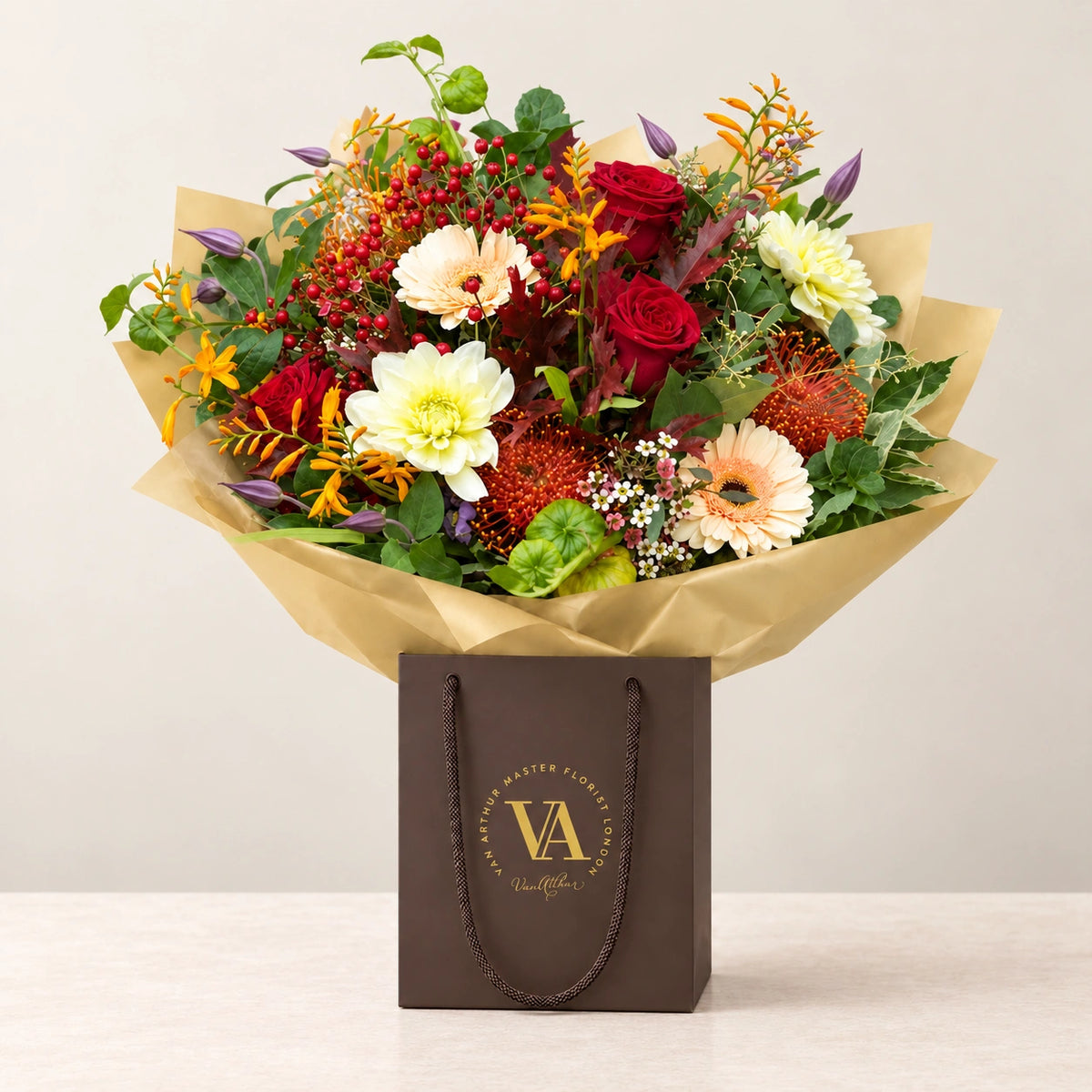 Autumnal Haze — bouquet in branded Van Arthur bag