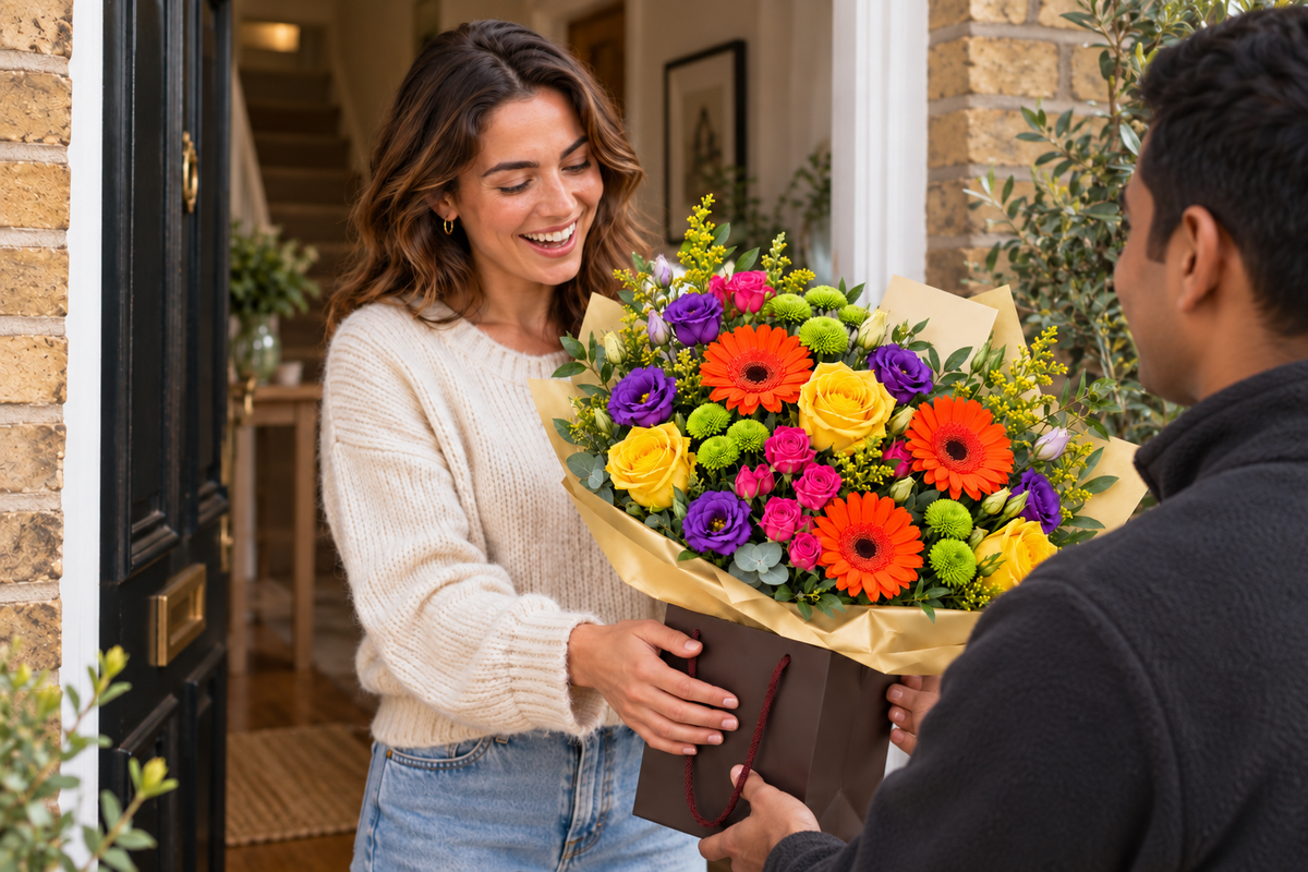 A colourful bouquet arriving at the door and bringing a joyful smile