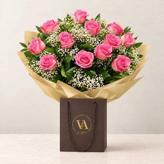 Dozen Long Stemmed Pink Roses — bouquet in branded Van Arthur bag