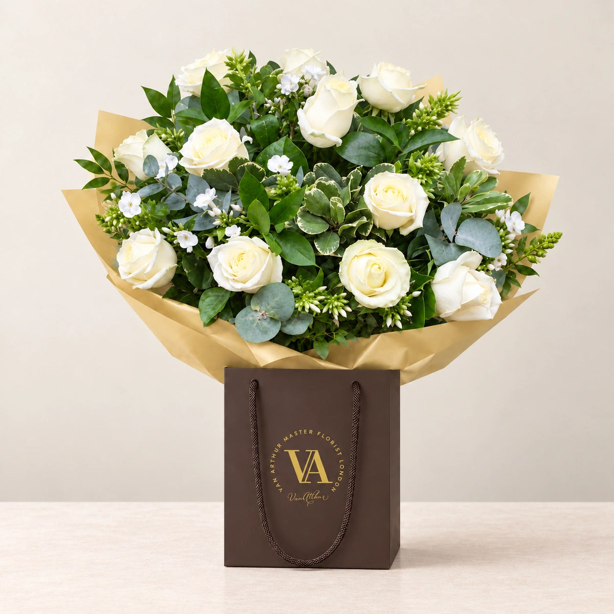 Dozen Long Stemmed White Roses — bouquet in branded Van Arthur bag