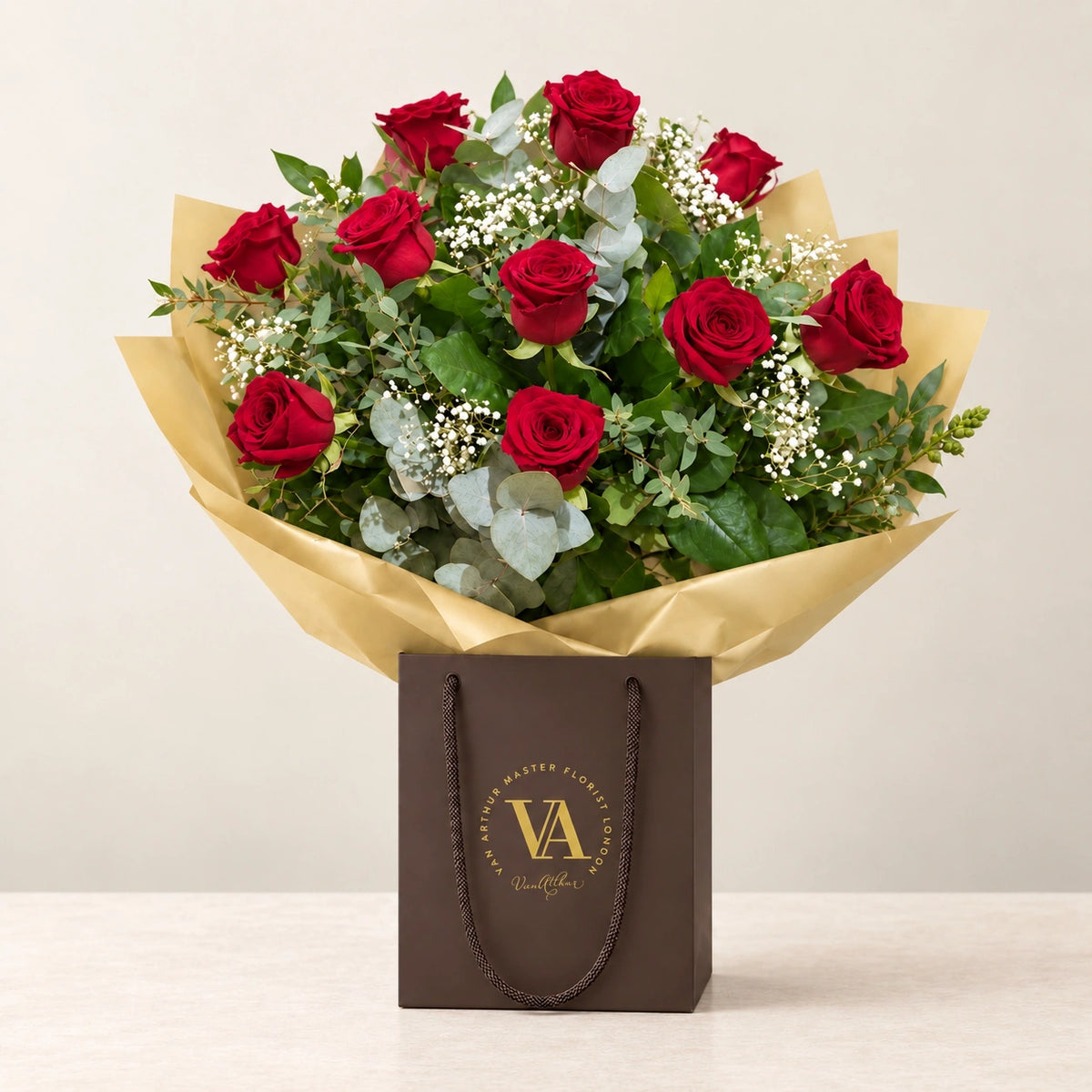 Dozen Red Roses & Baby's Breath — bouquet in branded Van Arthur bag