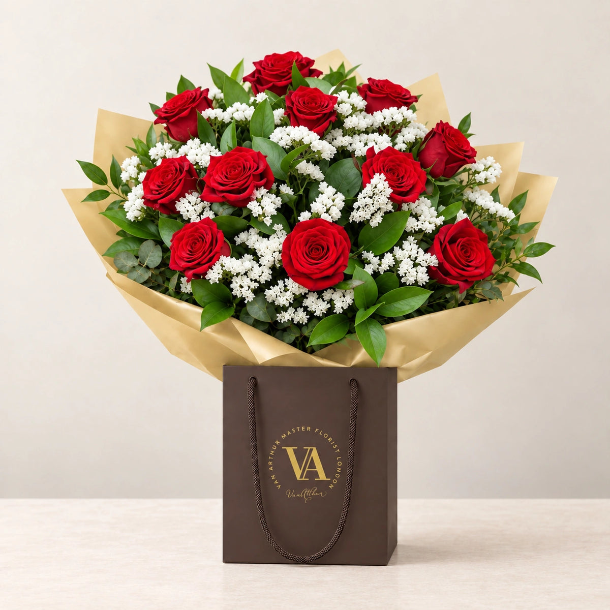 Dozen Red Roses in Clouds — bouquet in branded Van Arthur bag