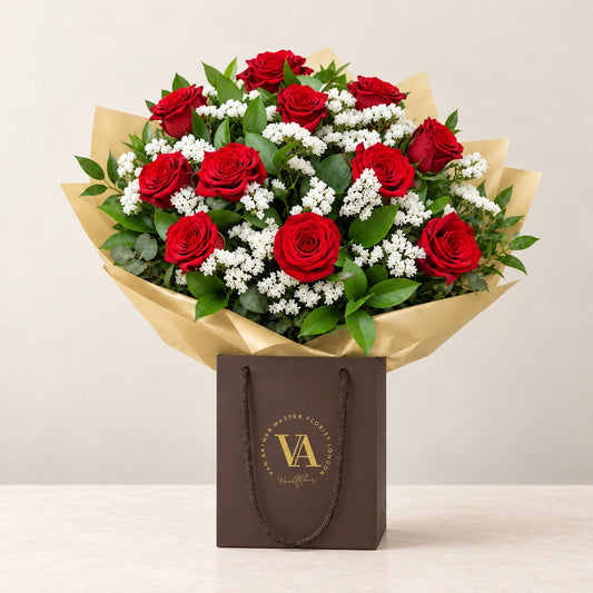 Dozen Red Roses in Clouds — bouquet in branded Van Arthur bag