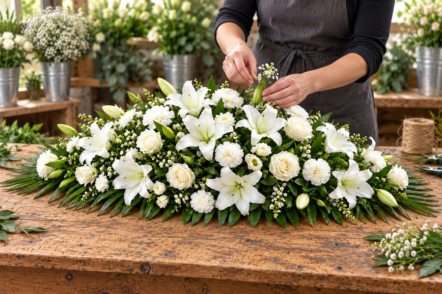 A florist creating casket sprays at a workbench