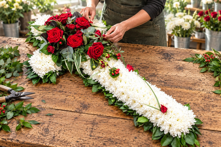 A florist creating crosses at a workbench