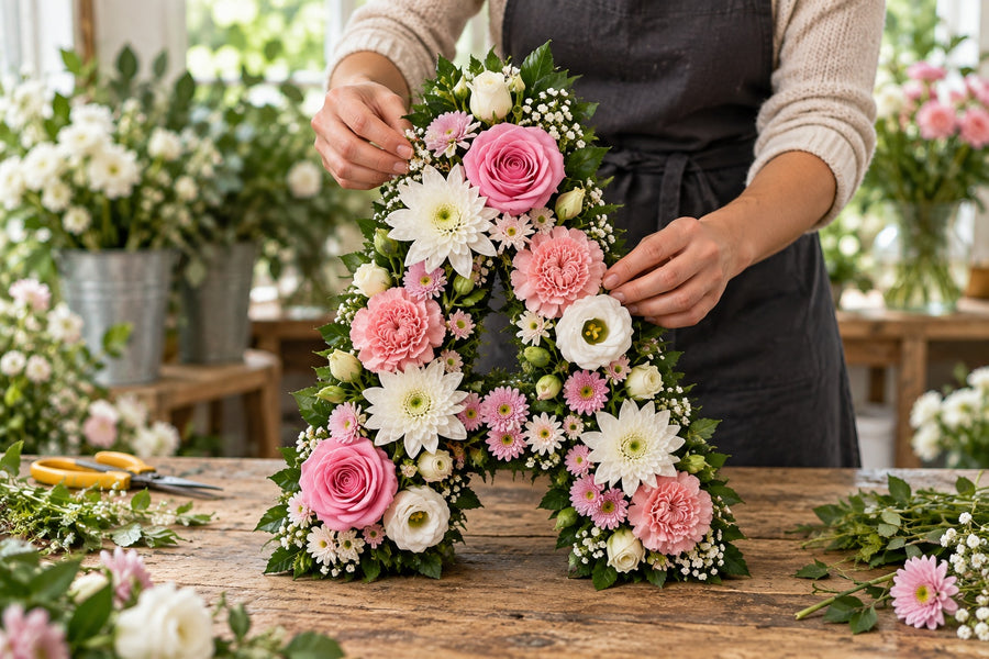 A florist creating letters and names at a workbench