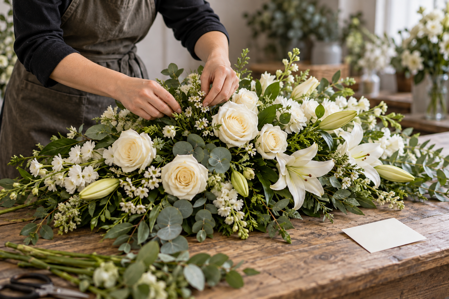 Illustration of a florist creating a floral tribute; your partner florist creates their own design