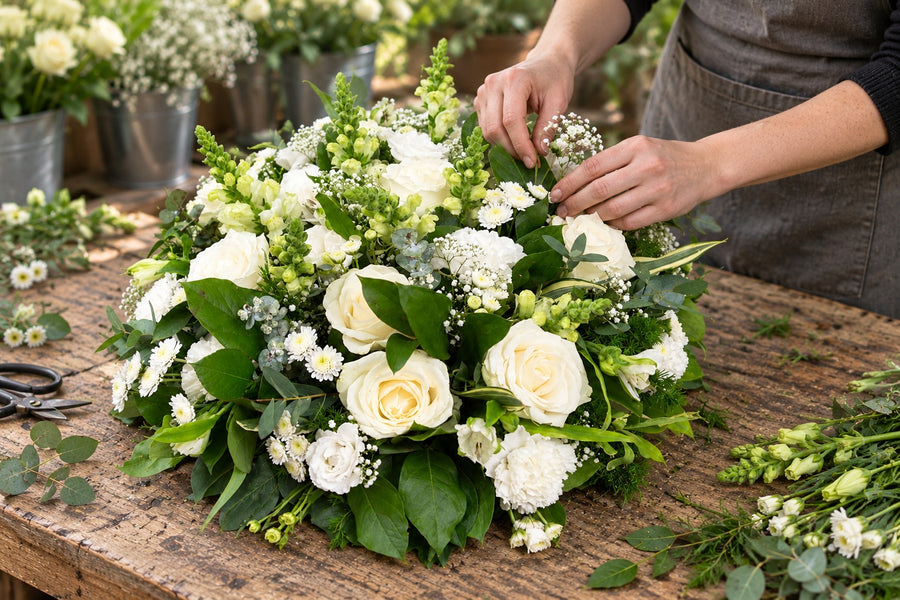 A florist creating posies at a workbench