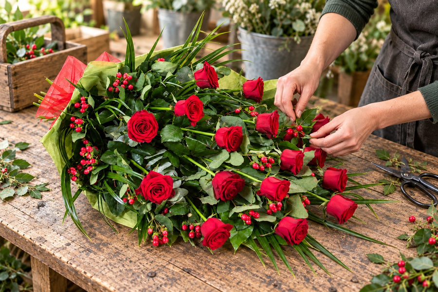 A florist creating sheaves at a workbench