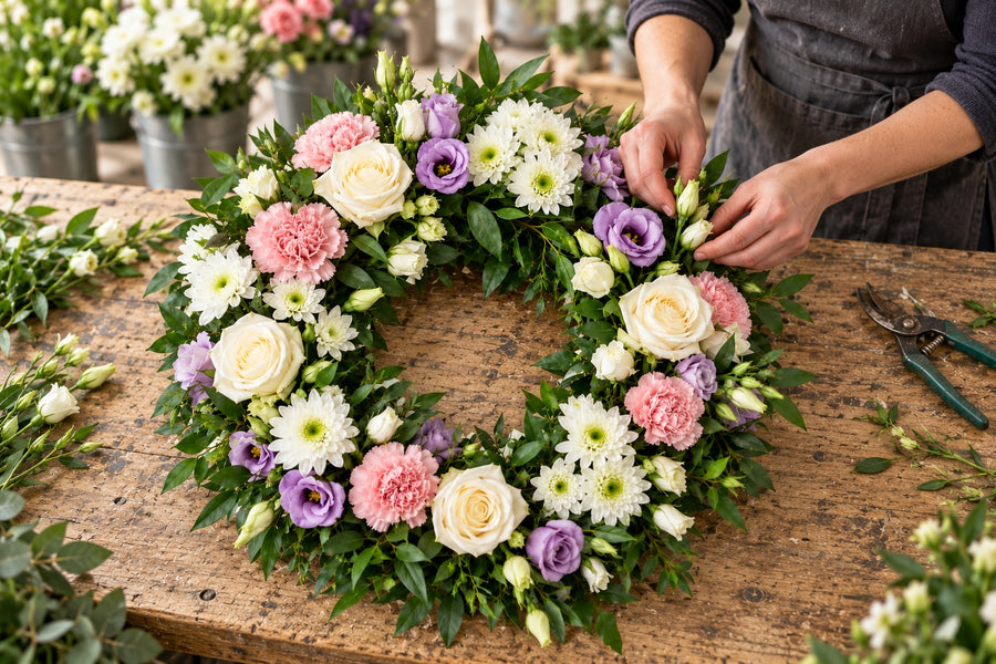 A florist creating wreaths at a workbench