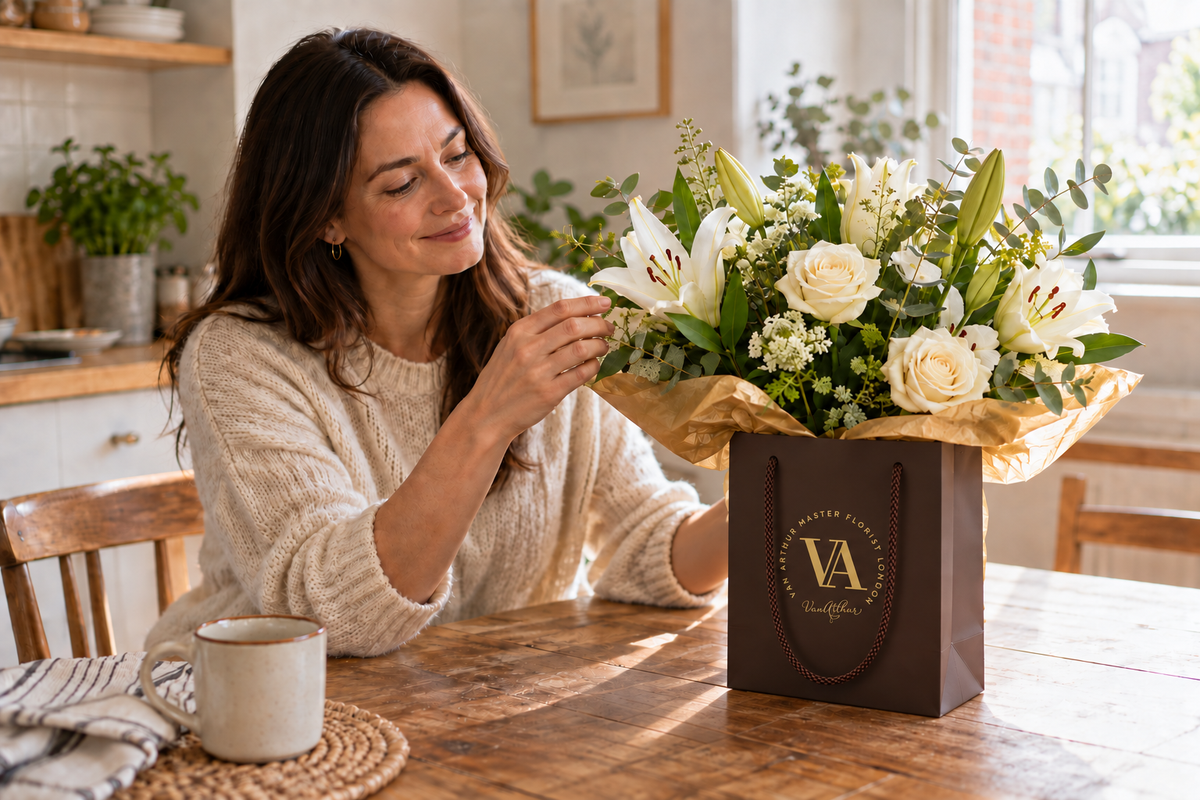 A recipient admiring white lilies, roses and foliage at their kitchen table