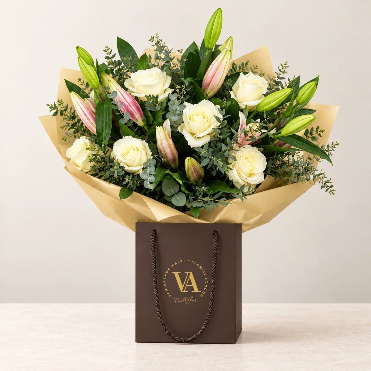 Oriental Lily and White Rose Bouquet — bouquet in branded Van Arthur bag