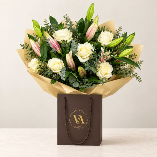 Oriental Lily and White Rose Bouquet — bouquet in branded Van Arthur bag