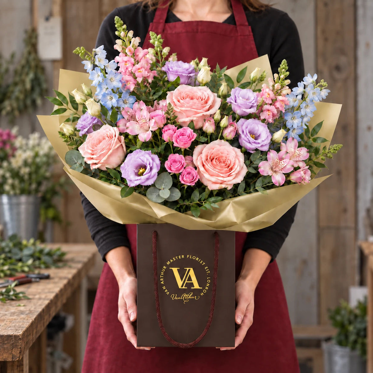Pastel Reverie · Signature size pictured. Seasonal flowers vary.
