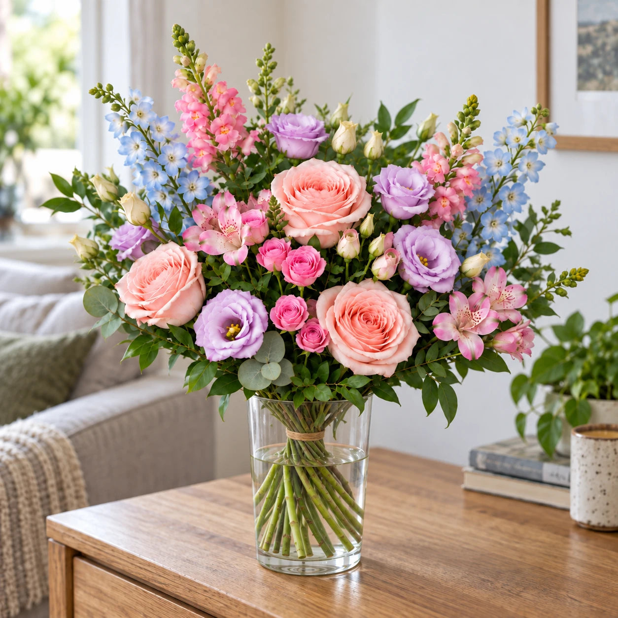 A Van Arthur pastel bouquet styled in a vase