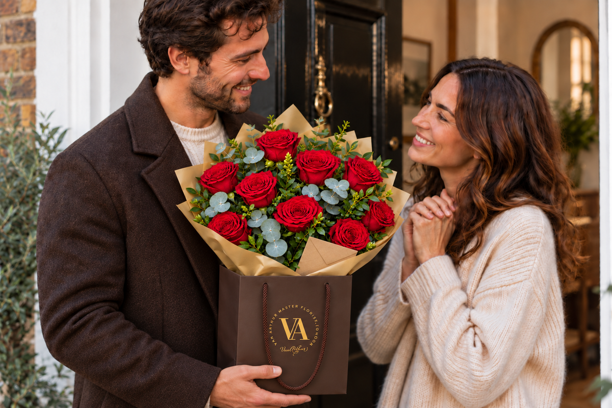 Red roses bringing two people together in a thoughtful gifting moment