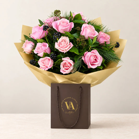 The Rose Bouquet in Pink — bouquet in branded Van Arthur bag