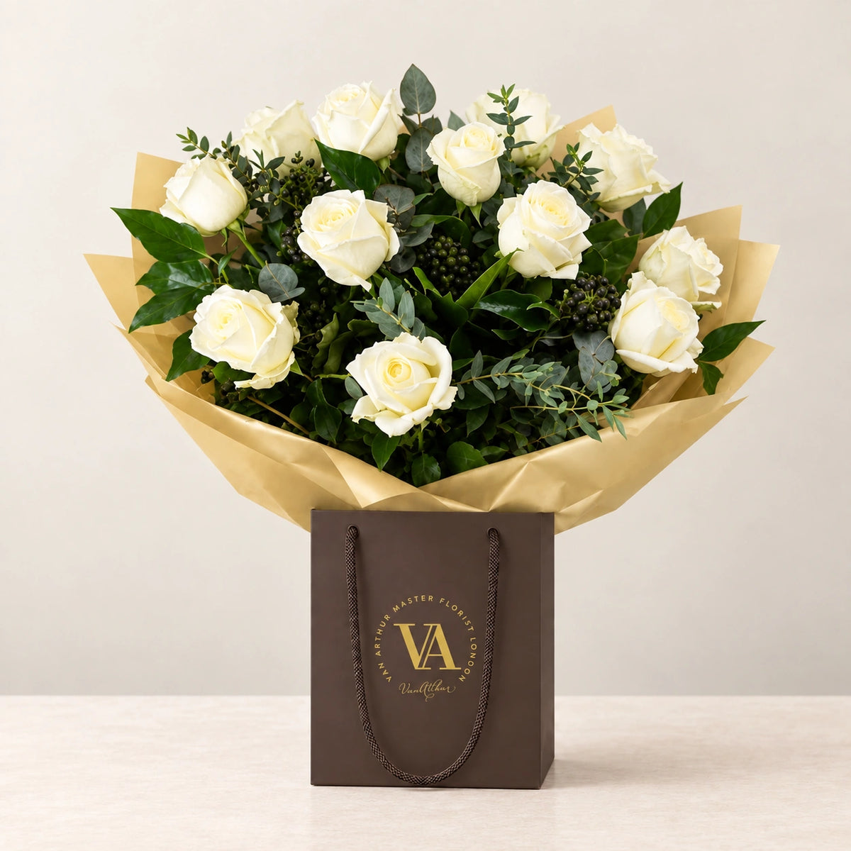 The Rose Bouquet in White — bouquet in branded Van Arthur bag