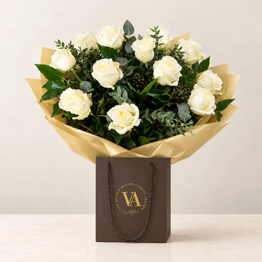 The Rose Bouquet in White — bouquet in branded Van Arthur bag