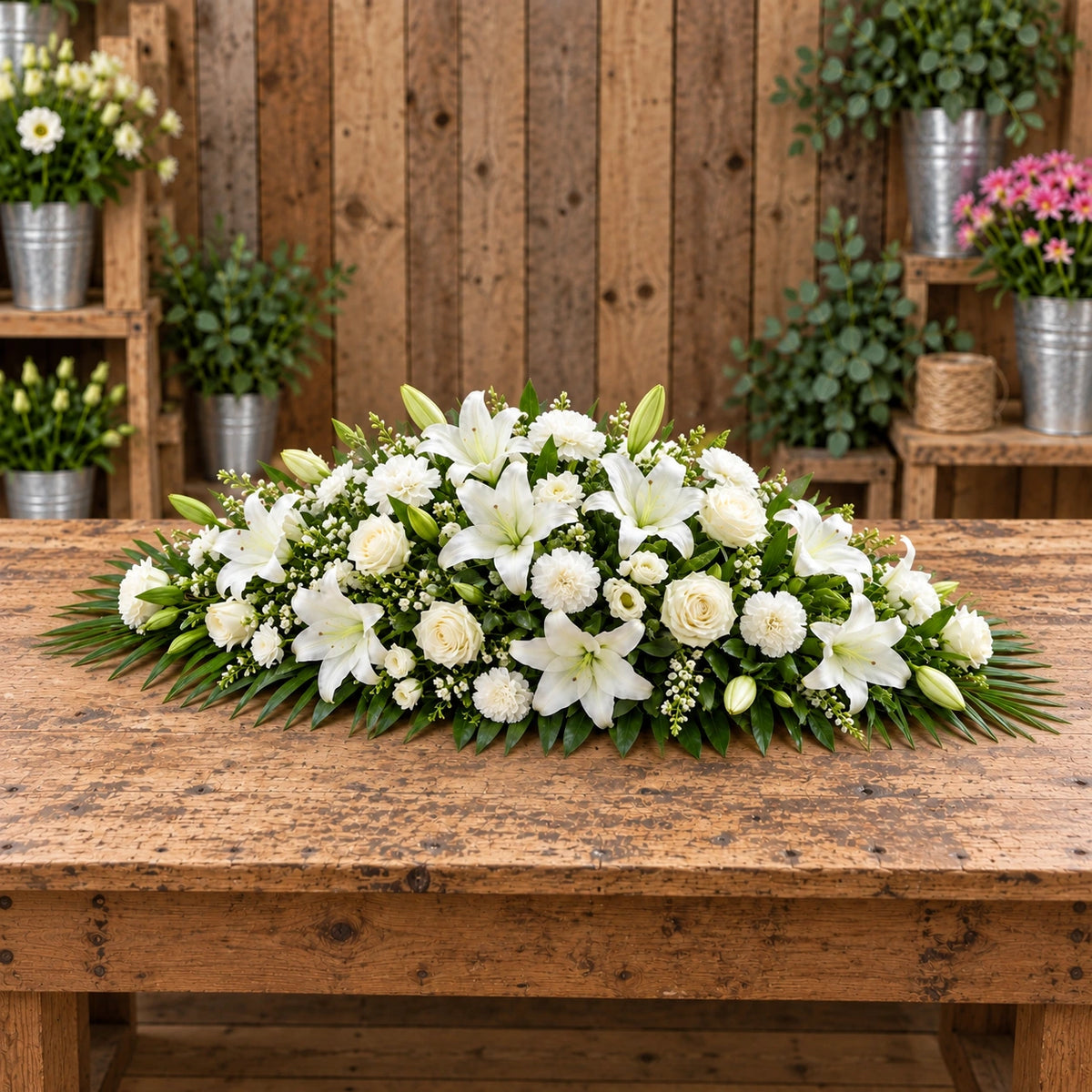 White Casket Spray — rustic workbench